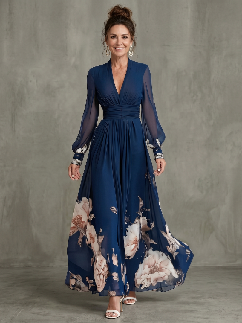Women's Pleated Maxi Dress with Sheer Sleeves for Evening Events
