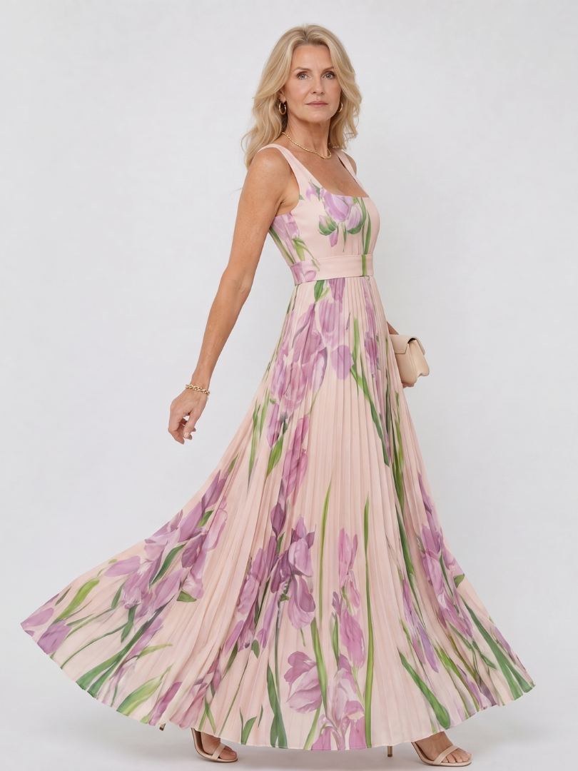 Women's Pleated Midi Dress with Square Neck for Daytime