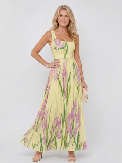 Women's Pleated Midi Dress with Square Neck for Daytime