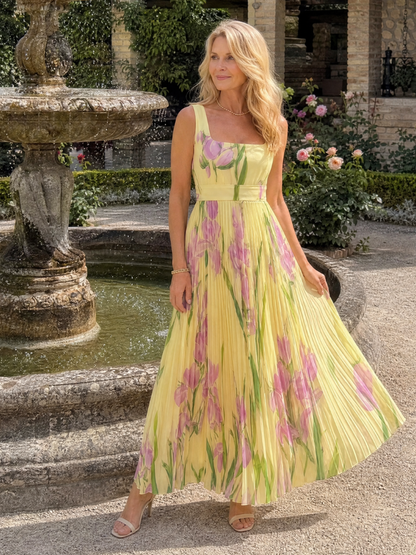 Women's Pleated Midi Dress with Square Neck for Daytime