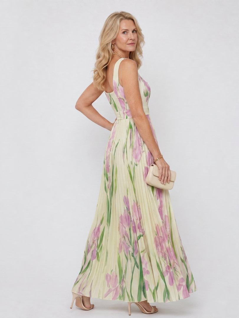 Women's Pleated Midi Dress with Square Neck for Daytime