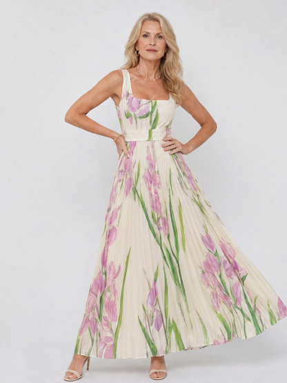 Women's Pleated Midi Dress with Square Neck for Daytime