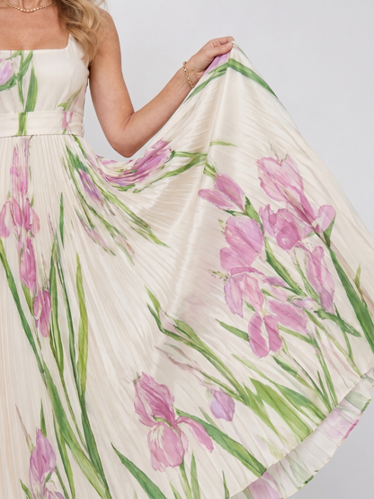 Women's Pleated Midi Dress with Square Neck for Daytime