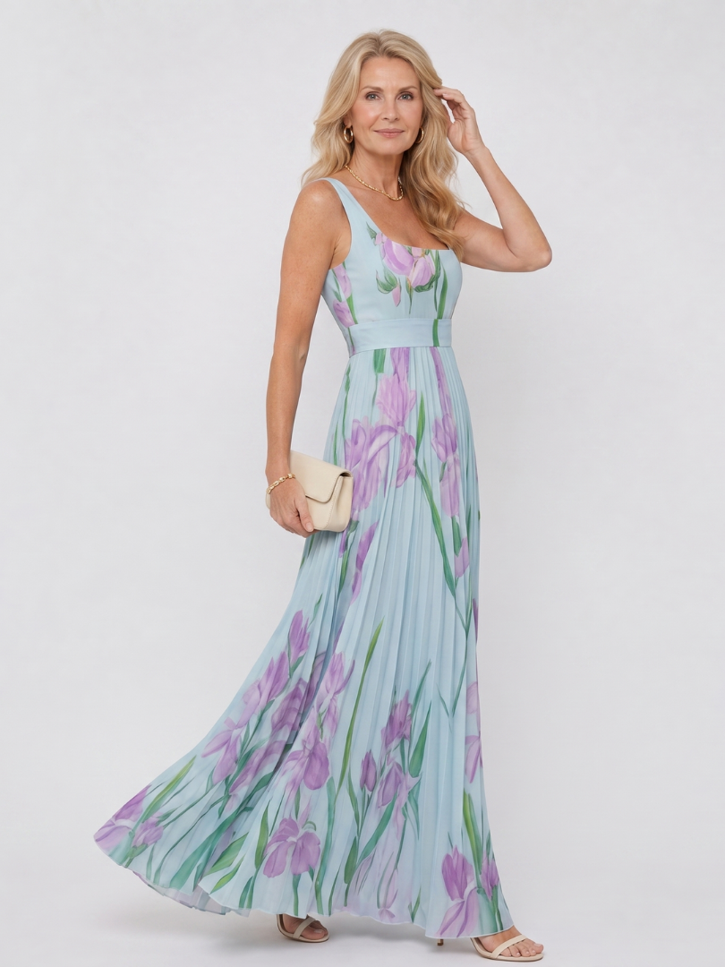 Women's Pleated Midi Dress with Square Neck for Daytime
