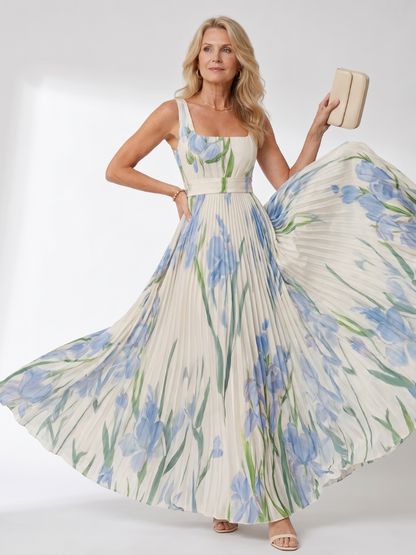 Women's Pleated Midi Dress with Square Neck for Daytime