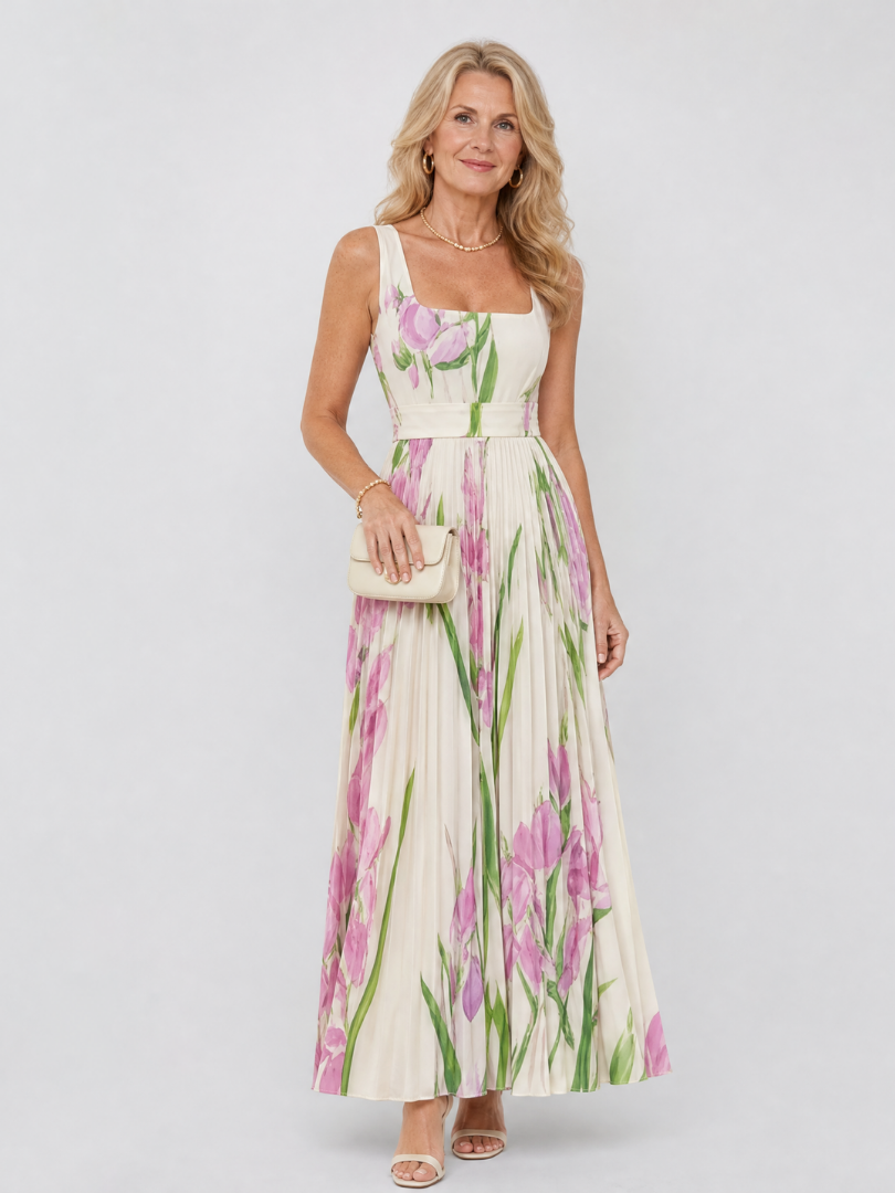 Women's Pleated Midi Dress with Square Neck for Daytime
