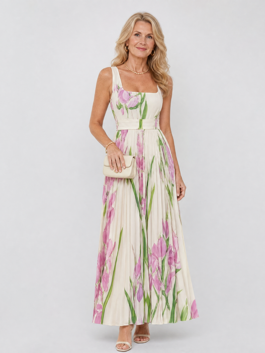 Women's Pleated Midi Dress with Square Neck for Daytime