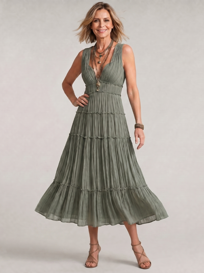 Women's Pleated Sleeveless Midi Dress with Tiered Skirt