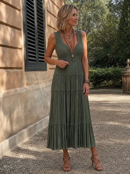 Women's Pleated Sleeveless Midi Dress with Tiered Skirt