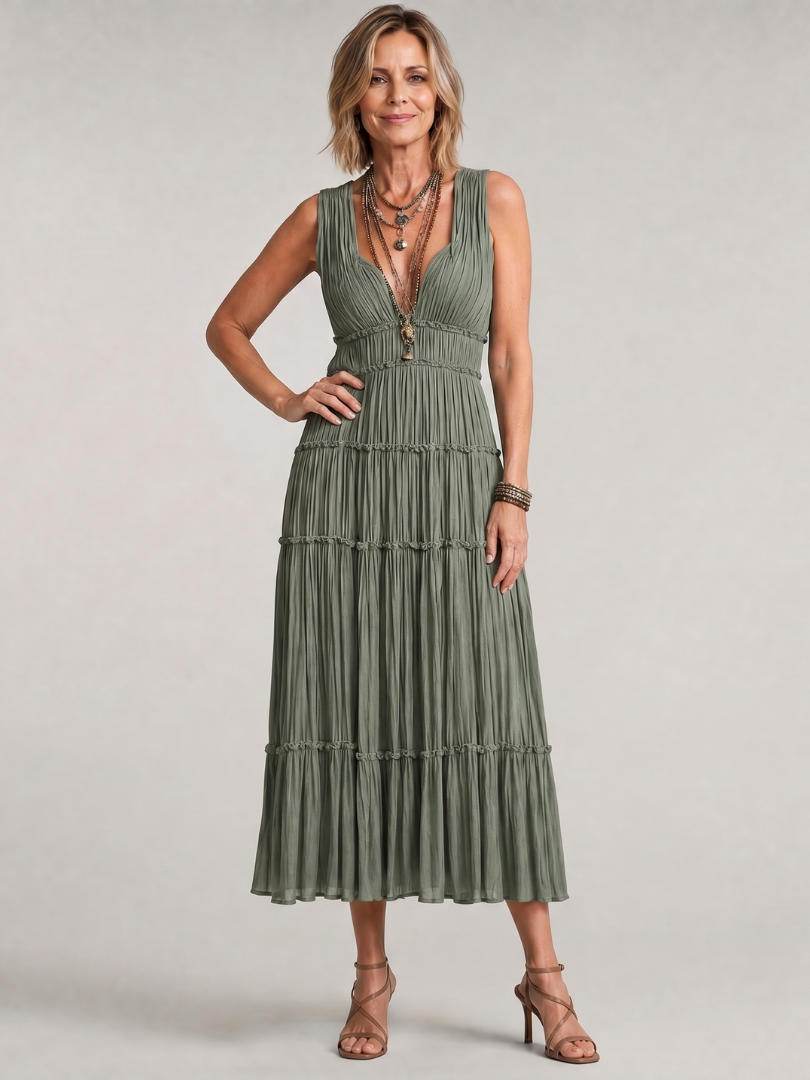 Women's Pleated Sleeveless Midi Dress with Tiered Skirt