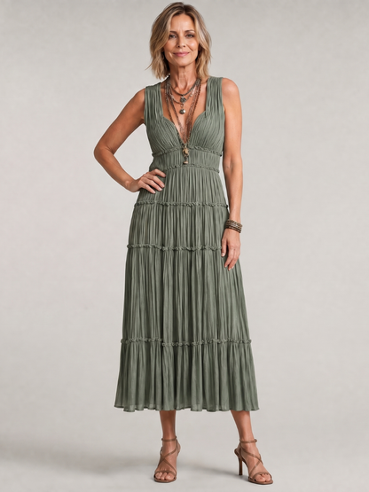Women's Pleated Sleeveless Midi Dress with Tiered Skirt