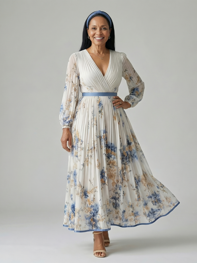 Women's Pleated Wrap Midi Dress with V-Neck for Daywear