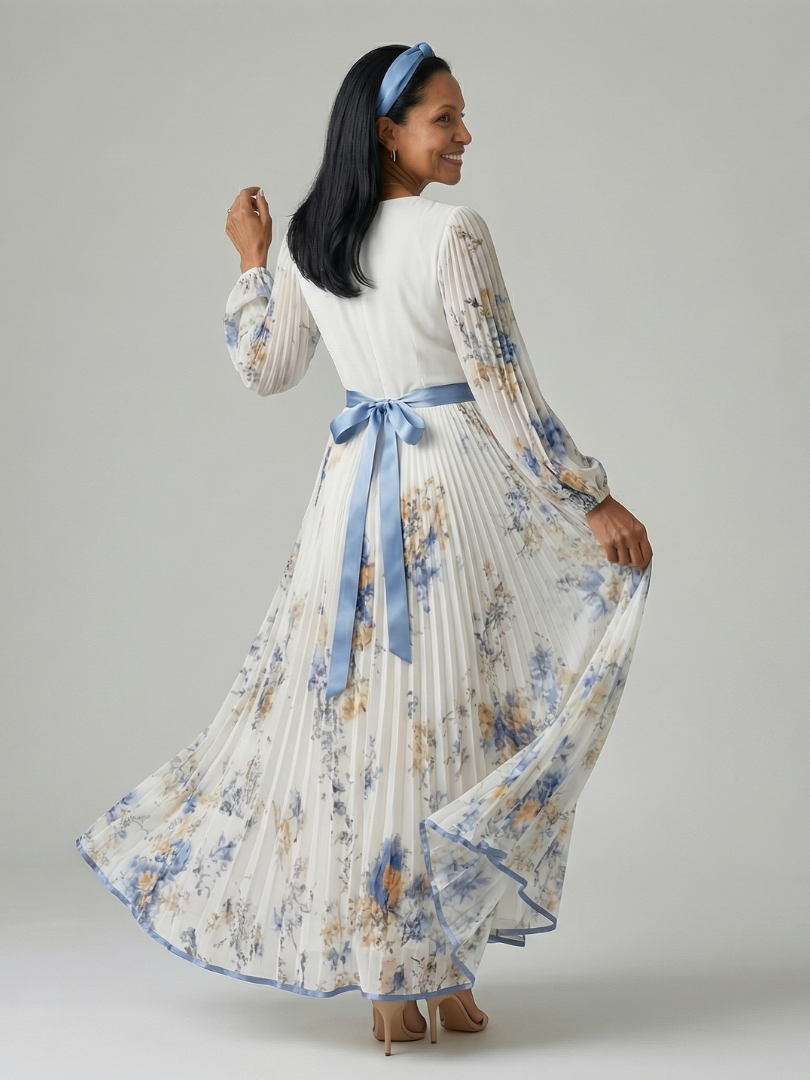 Women's Pleated Wrap Midi Dress with V-Neck for Daywear