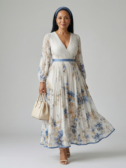 Women's Pleated Wrap Midi Dress with V-Neck for Daywear