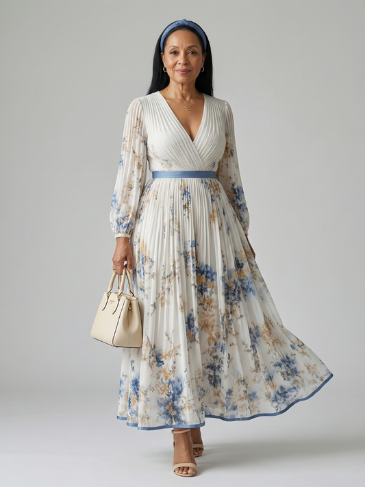 Women's Pleated Wrap Midi Dress with V-Neck for Daywear