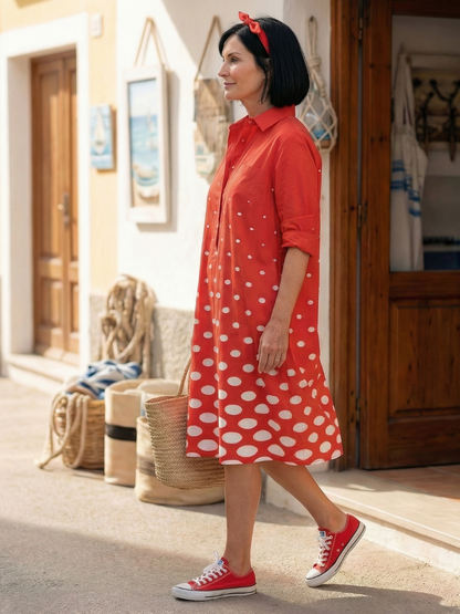 Women's Polka Dot Dress with Collared Neckline and Pockets