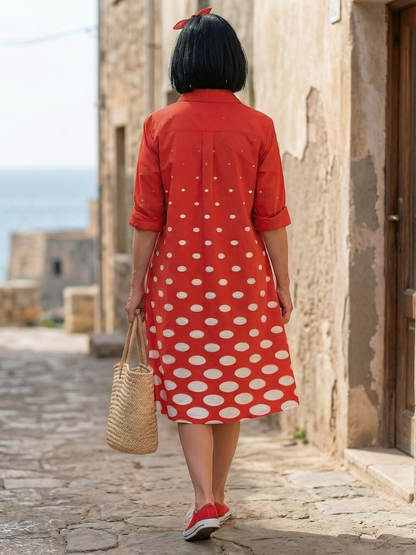 Women's Polka Dot Dress with Collared Neckline and Pockets
