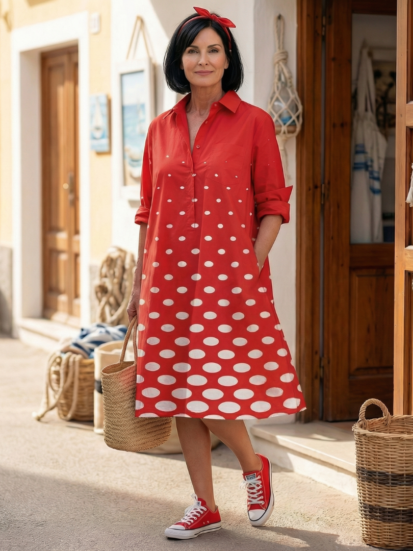 Women's Polka Dot Dress with Collared Neckline and Pockets