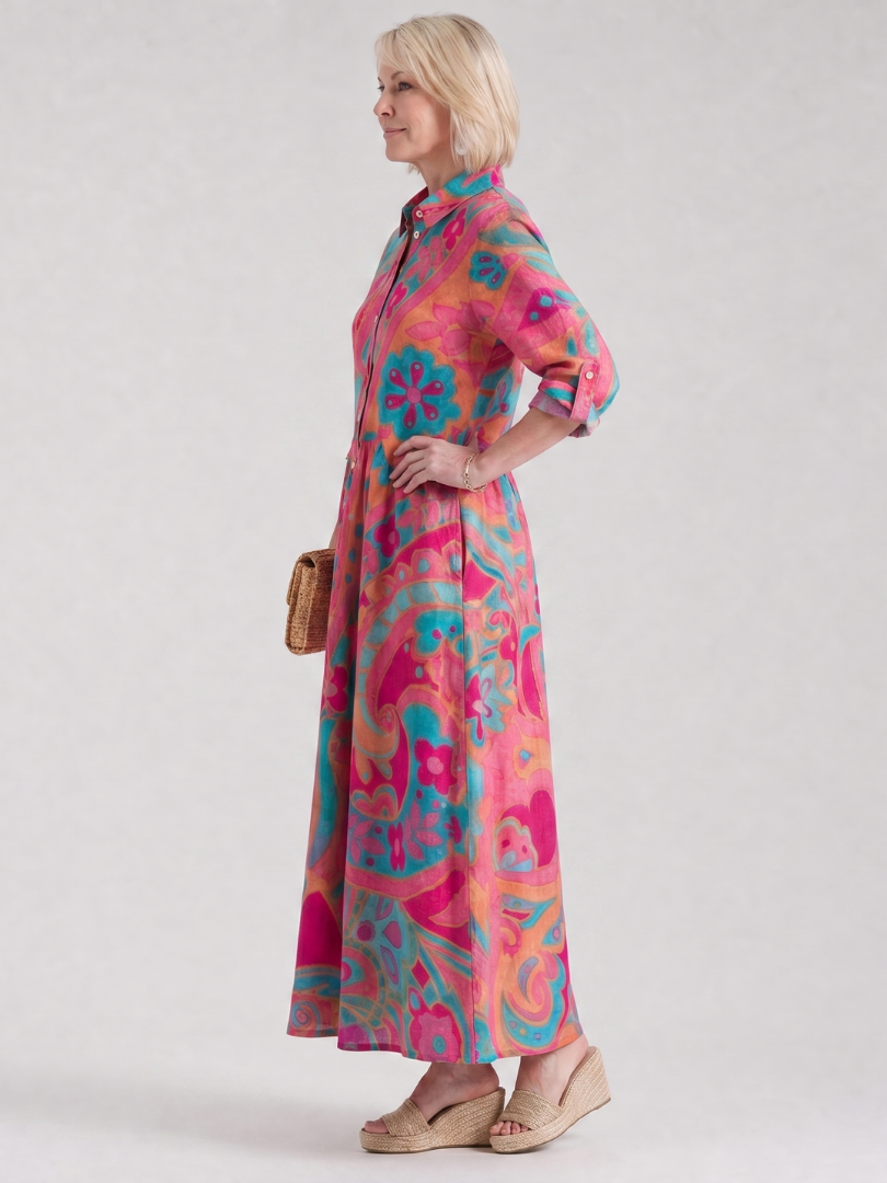 Women's Printed Button Front Collared Midi Dress Relaxed Fit