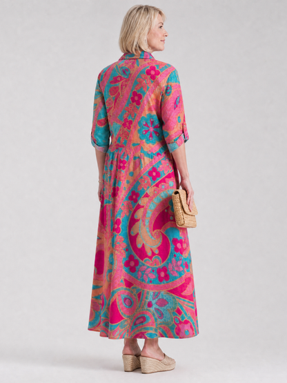Women's Printed Button Front Collared Midi Dress Relaxed Fit