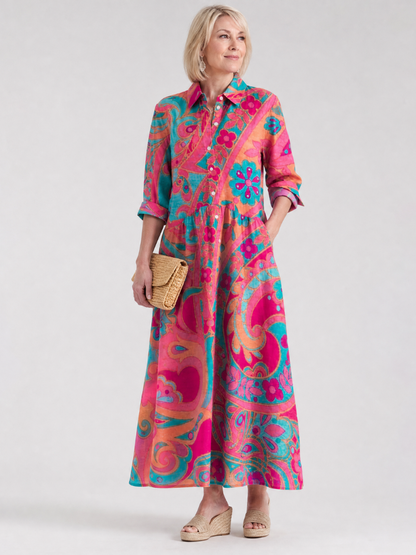 Women's Printed Button Front Collared Midi Dress Relaxed Fit