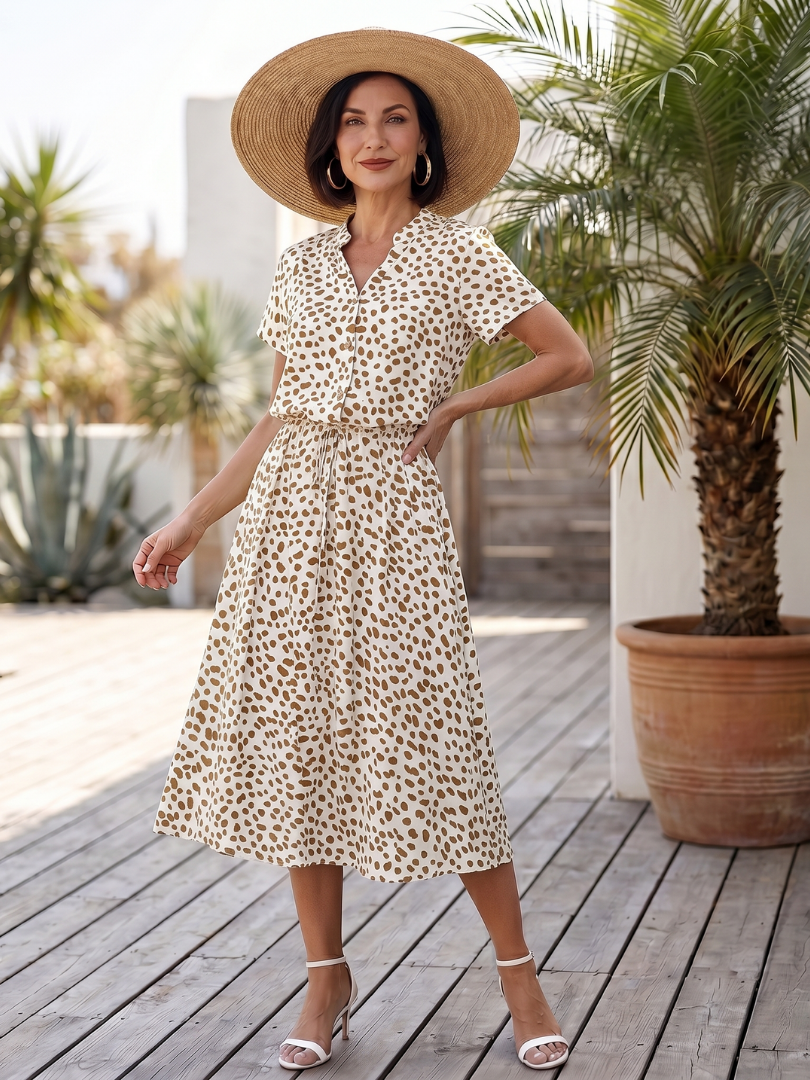 Women's Printed Button Front Midi Dress with Belt for Daily