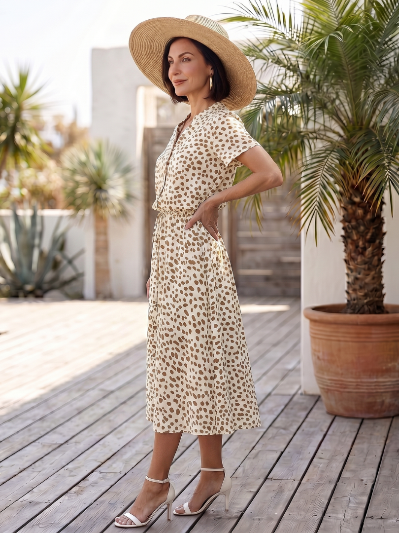 Women's Printed Button Front Midi Dress with Belt for Daily