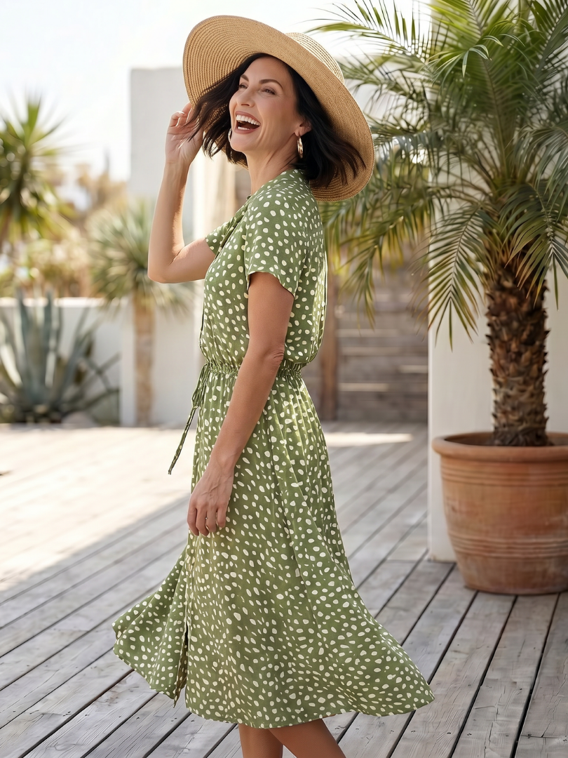 Women's Printed Button Front Midi Dress with Belt for Daily