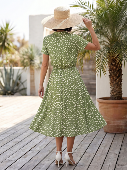 Women's Printed Button Front Midi Dress with Belt for Daily