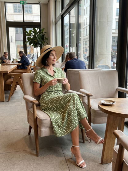 Women's Printed Button Front Midi Dress with Belt for Daily