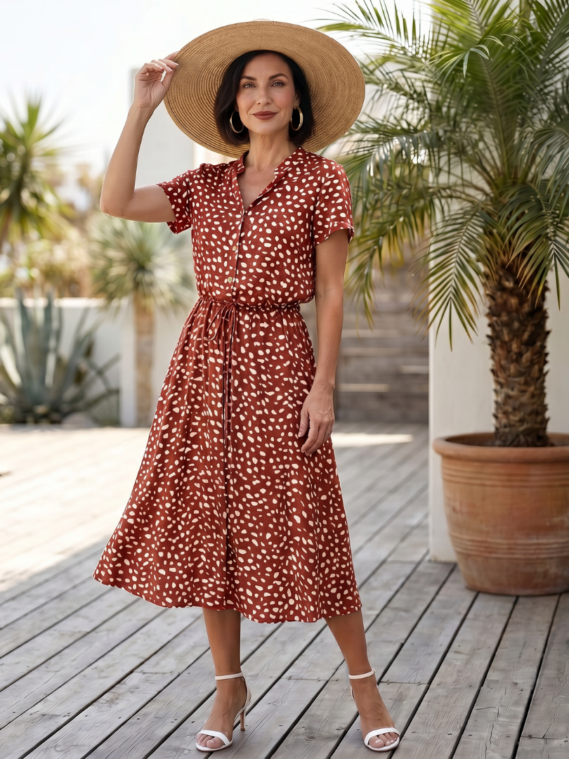 Women's Printed Button Front Midi Dress with Belt for Daily