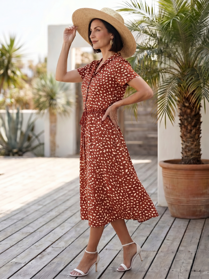 Women's Printed Button Front Midi Dress with Belt for Daily