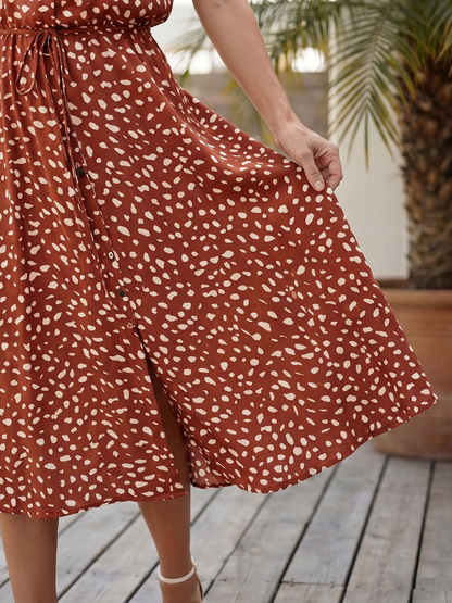 Women's Printed Button Front Midi Dress with Belt for Daily