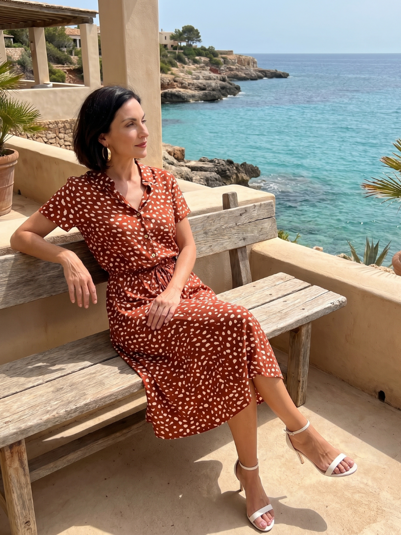 Women's Printed Button Front Midi Dress with Belt for Daily