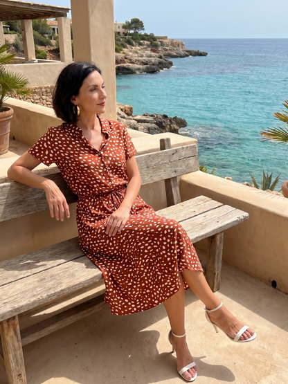 Women's Printed Button Front Midi Dress with Belt for Daily