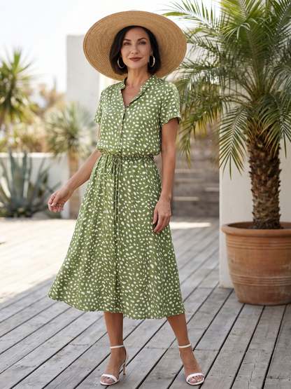 Women's Printed Button Front Midi Dress with Belt for Daily