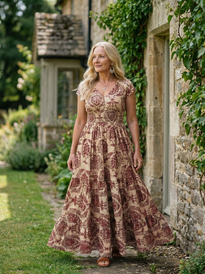 Women's Printed Flow Maxi Dress with V-Neck for Warm Weather