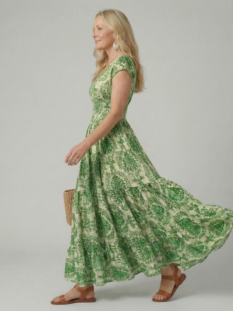 Women's Printed Flow Maxi Dress with V-Neck for Warm Weather