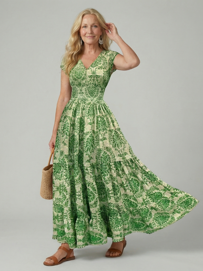 Women's Printed Flow Maxi Dress with V-Neck for Warm Weather