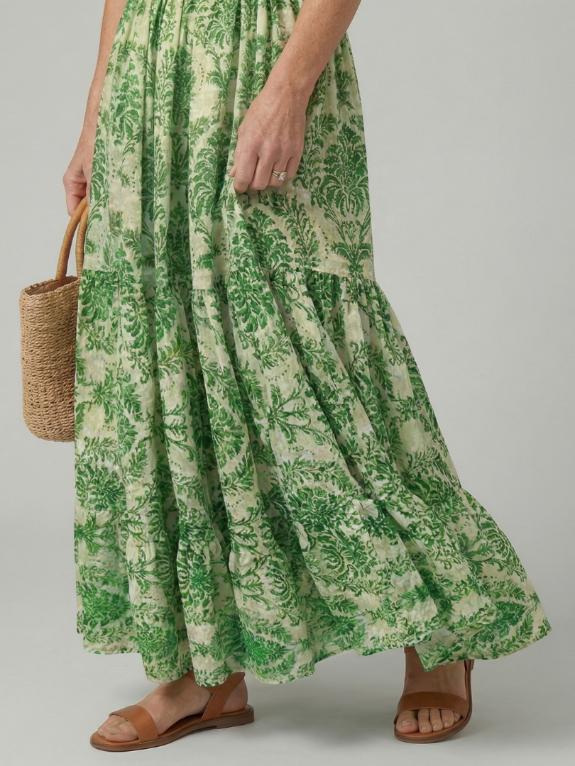 Women's Printed Flow Maxi Dress with V-Neck for Warm Weather
