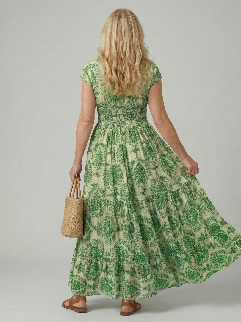 Women's Printed Flow Maxi Dress with V-Neck for Warm Weather