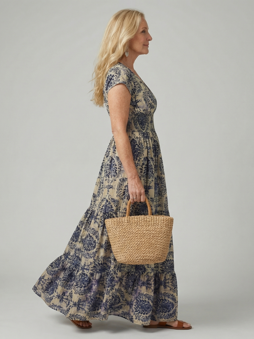 Women's Printed Flow Maxi Dress with V-Neck for Warm Weather