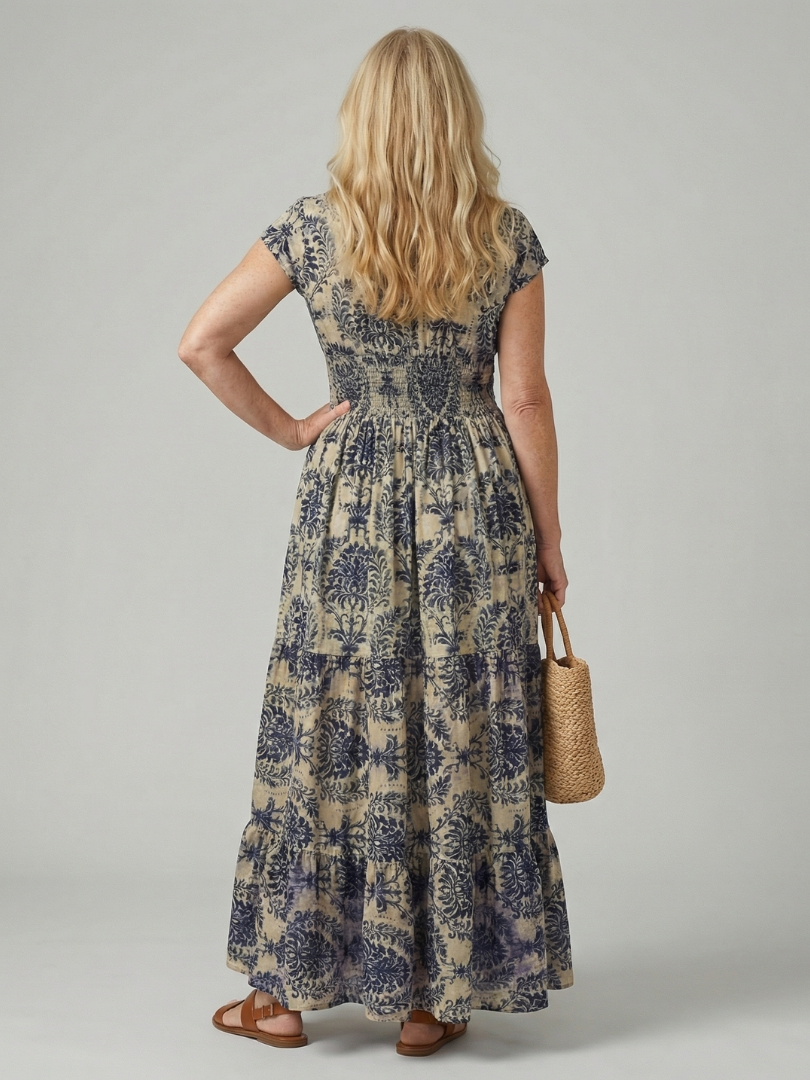 Women's Printed Flow Maxi Dress with V-Neck for Warm Weather
