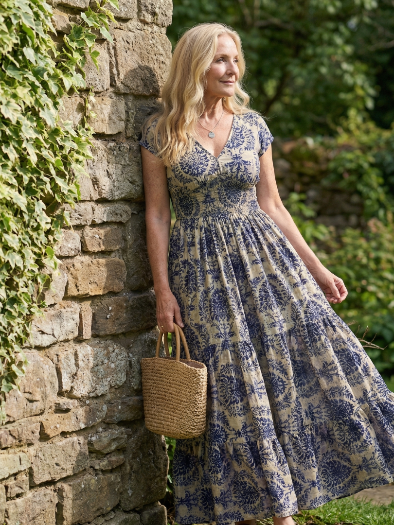 Women's Printed Flow Maxi Dress with V-Neck for Warm Weather