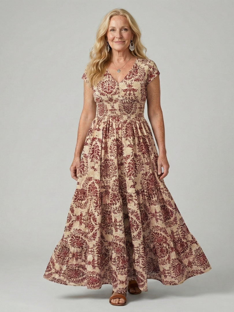 Women's Printed Flow Maxi Dress with V-Neck for Warm Weather