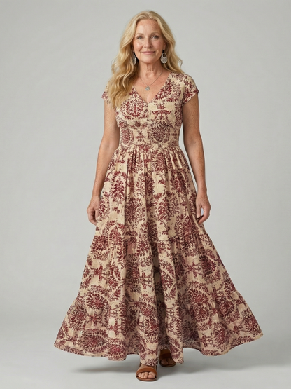 Women's Printed Flow Maxi Dress with V-Neck for Warm Weather