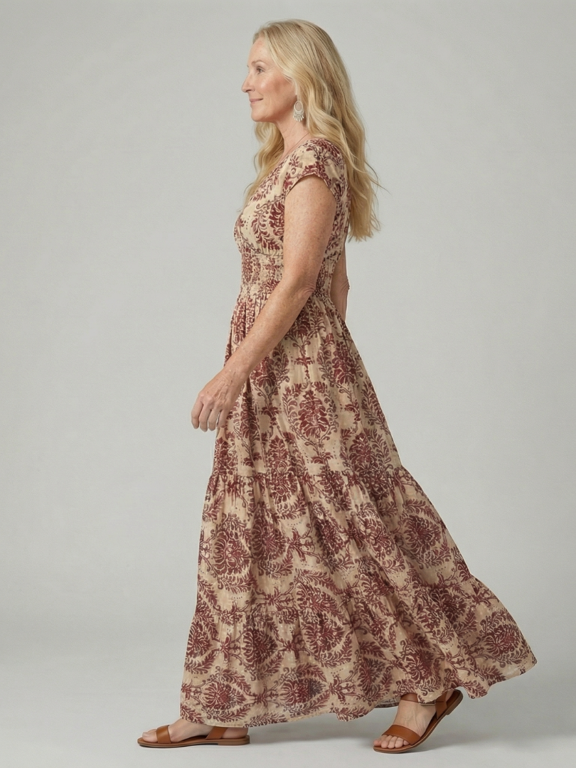 Women's Printed Flow Maxi Dress with V-Neck for Warm Weather