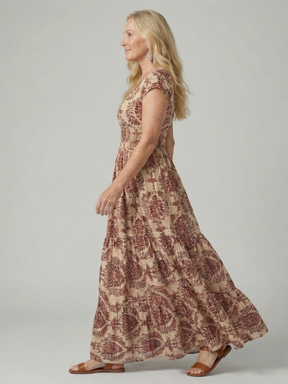Women's Printed Flow Maxi Dress with V-Neck for Warm Weather