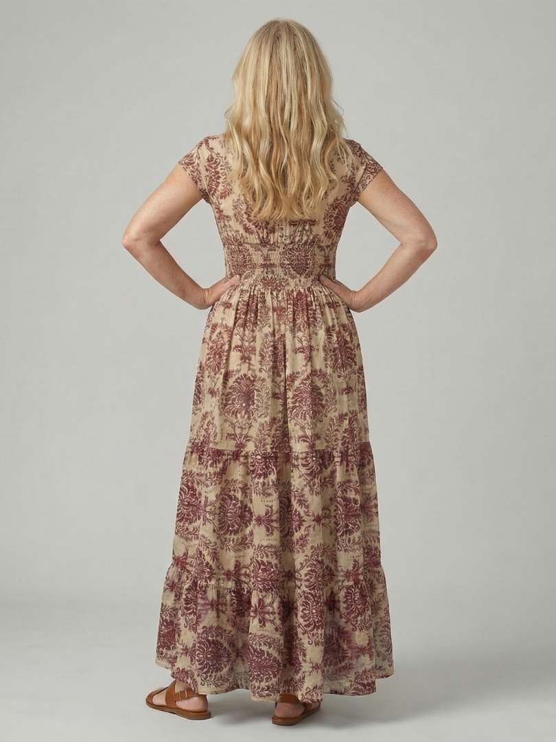 Women's Printed Flow Maxi Dress with V-Neck for Warm Weather
