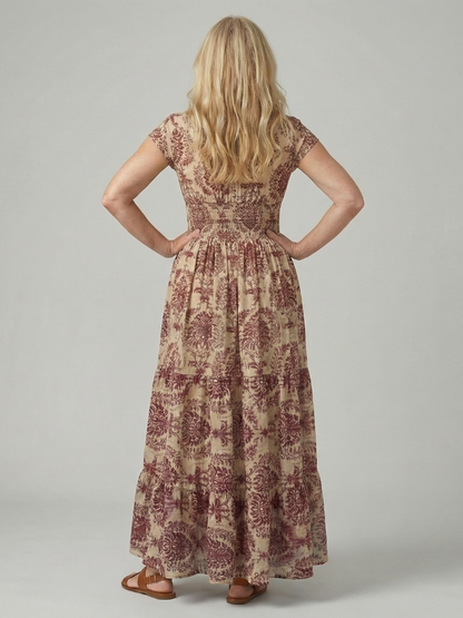 Women's Printed Flow Maxi Dress with V-Neck for Warm Weather